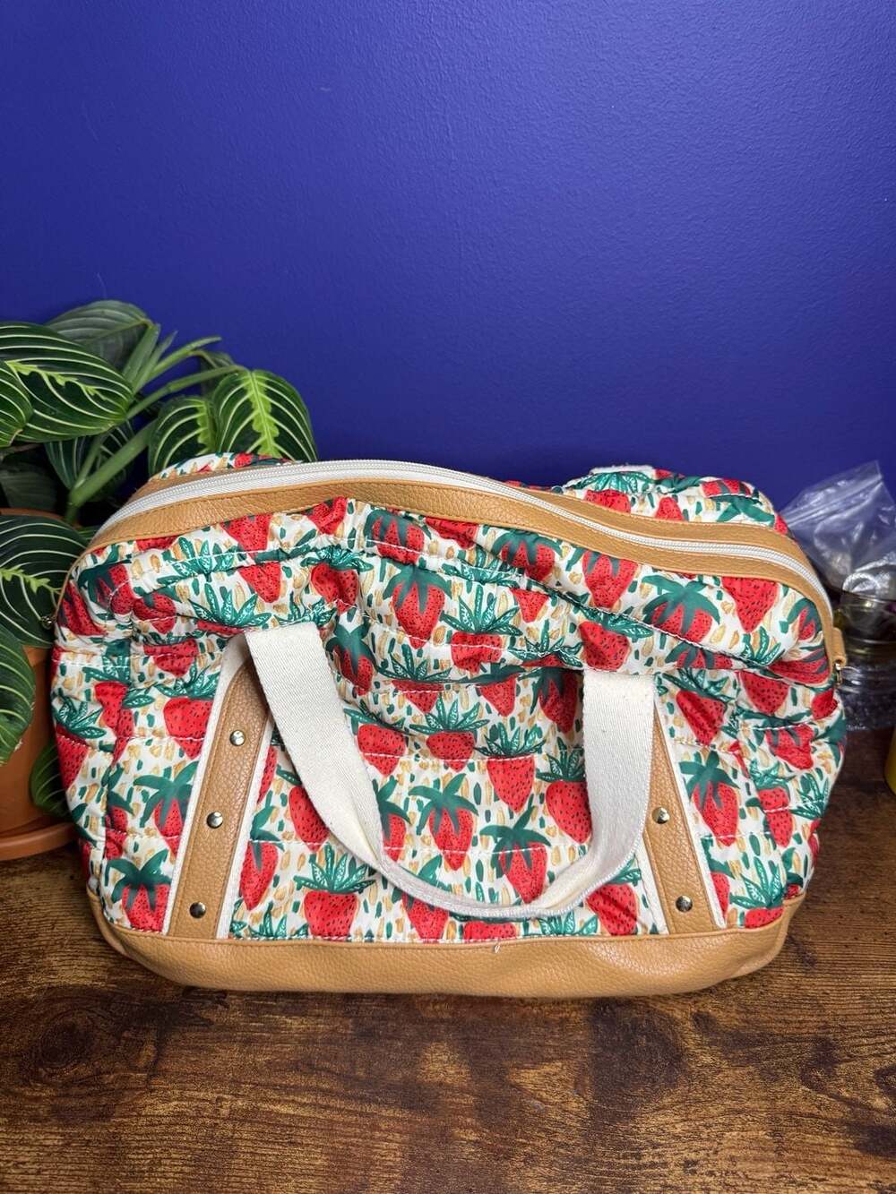 Bouffants & Broken Hearts Quilted Strawberry Bag with Tan Trim